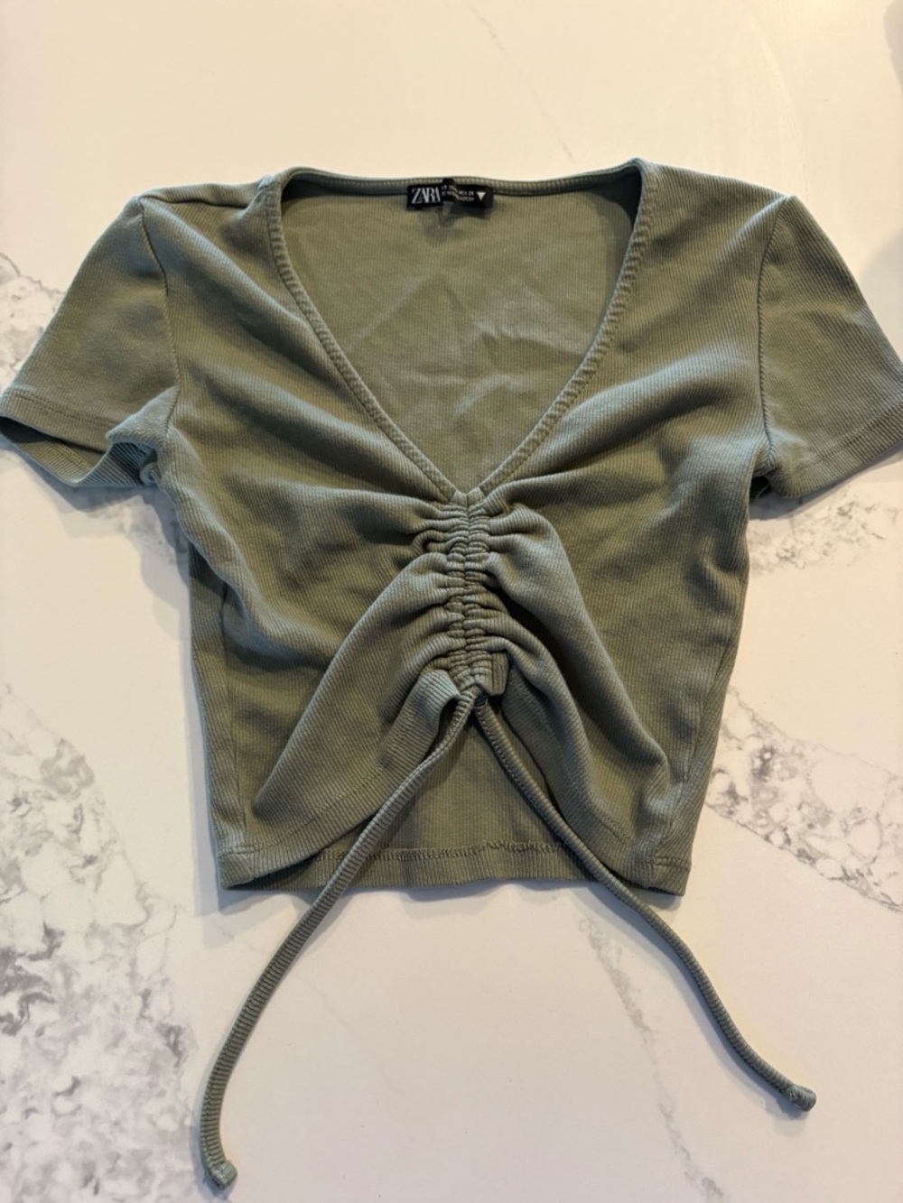 Zara Sage Green Ruched V-Neck Drawstring Crop Top